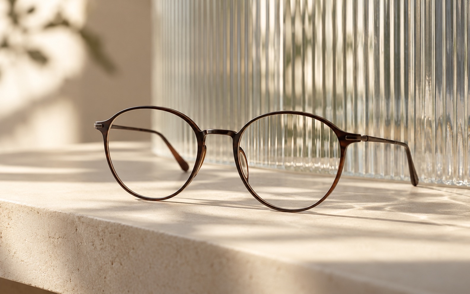 Gafas de montura fina sobre una repisa de piedra a la luz del sol